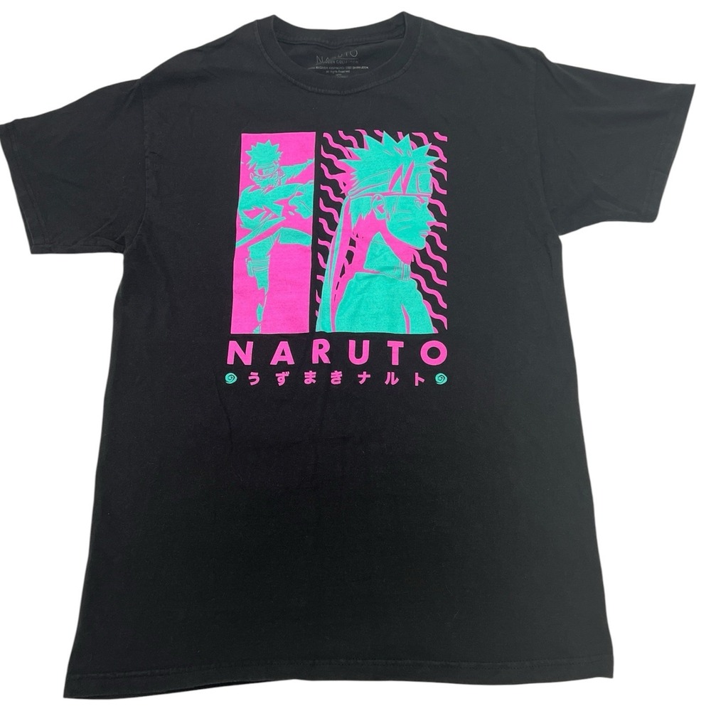 Naruto Shippuden Men's Black With Neon Pink Aqua Graphic Anime Size M T-Shirt